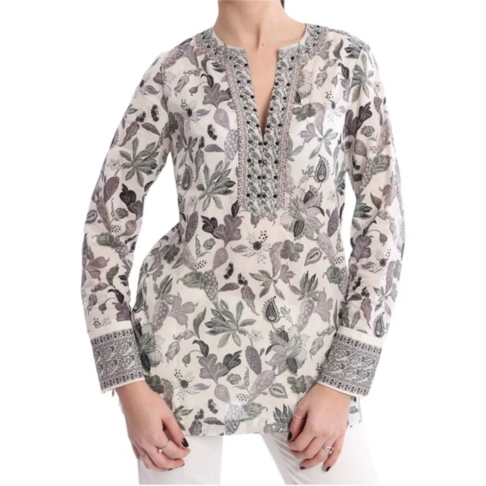 Tory Burch Botanical Print White Grey Long Sleeve Top, Size 2